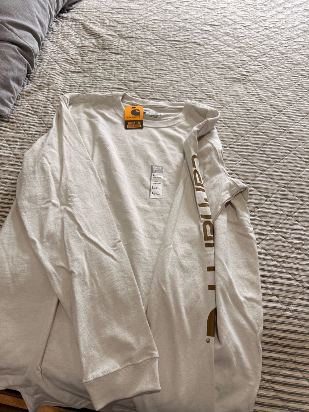 Carhartt Long-Sleeve Logo Tee in Cream with Gold Print